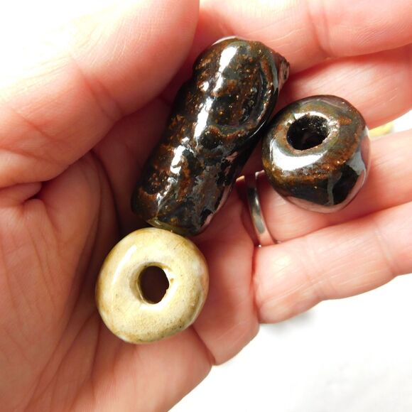 Vintage Macrame Beads Ceramic Handmade Lot fo 12 Rustic, Large Hole Glazed Clay - Picture 7 of 14